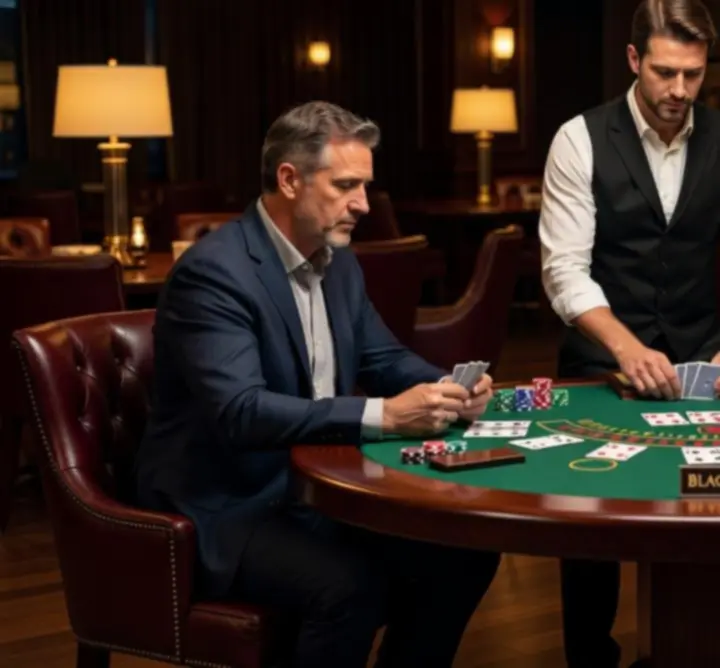 Blackjack avond met spelers aan tafel en ervaren dealer
