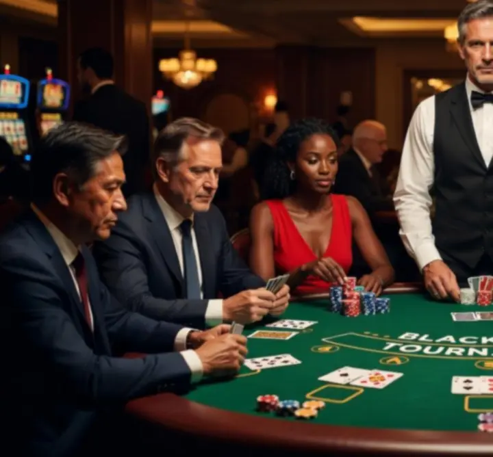 Deelnemers aan een blackjackcompetitie rond een speeltafel.