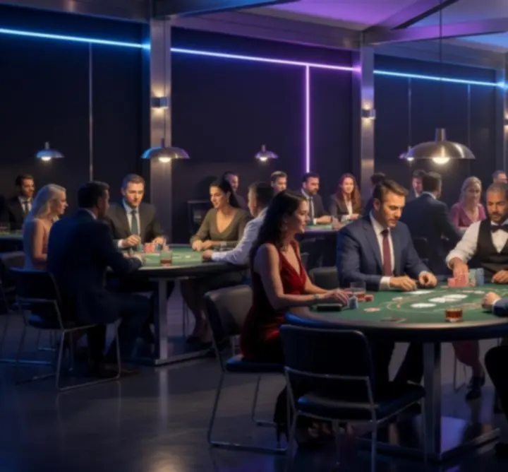 Sfeerimpressie van de DELTA ARANA evenementenlocatie met speeltafels en verlichting