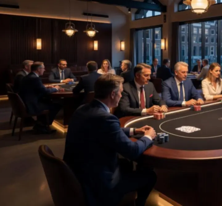 Live pokertafel met spelers in een stijlvolle nightlife setting.
