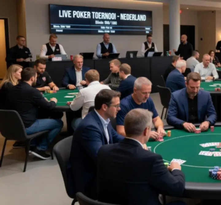 Live pokertoernooi in Nederland met spelers rond een tafel