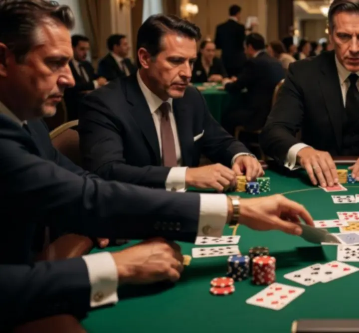 Actiescène aan een live pokertafel met spelers en dealer
