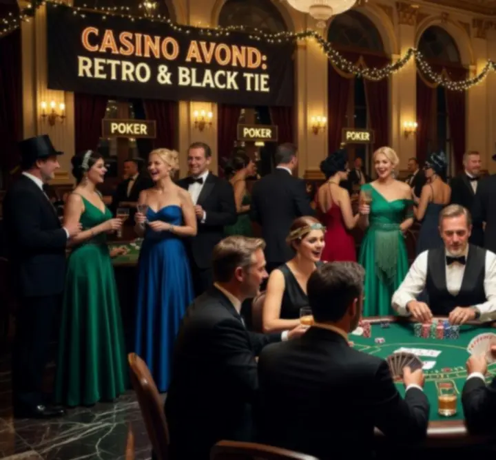 Thema gaming avond bij DELTA ARANA met sfeervolle verlichting en casinotafels